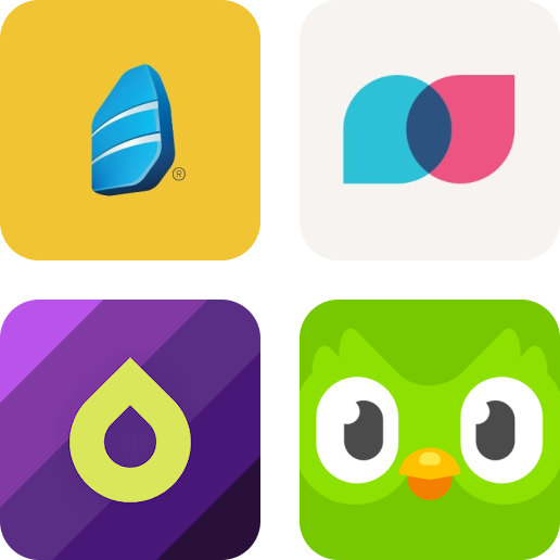 Logos from four language learning apps: Rosetta Stone, Tandem, Busuu, and Duolingo