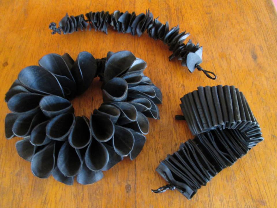 Three bracelets I made from bike innertubes and plastic bags, as an attempt to give locals ideas for craft-based business (when I was a Peace Corps Volunteer)